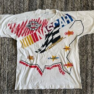 Vintage 90s NASCAR All Over Print T-Shirt XL AOP Fruit of the Loom Multi-Track
